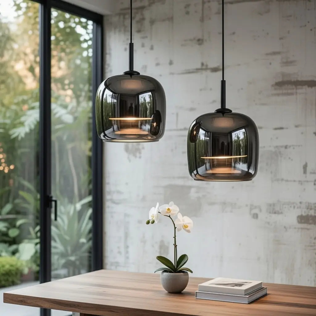 Pendant Light with Hand-Blown Smoked Glass Bell Shade and LED
