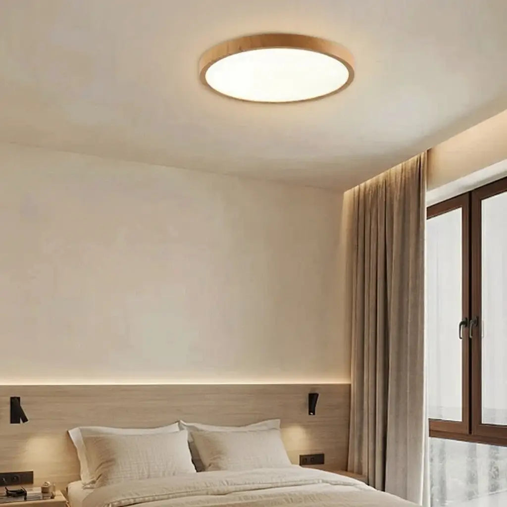 LED Oyster Light with Wood-Grain Frame Ultra-Thin Flush Mount Ceiling Light