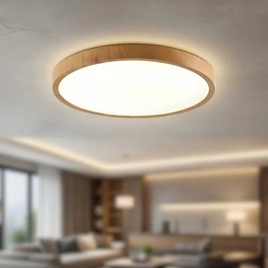 LED Oyster Light with Wood-Grain Frame Ultra-Thin Flush Mount Ceiling Light