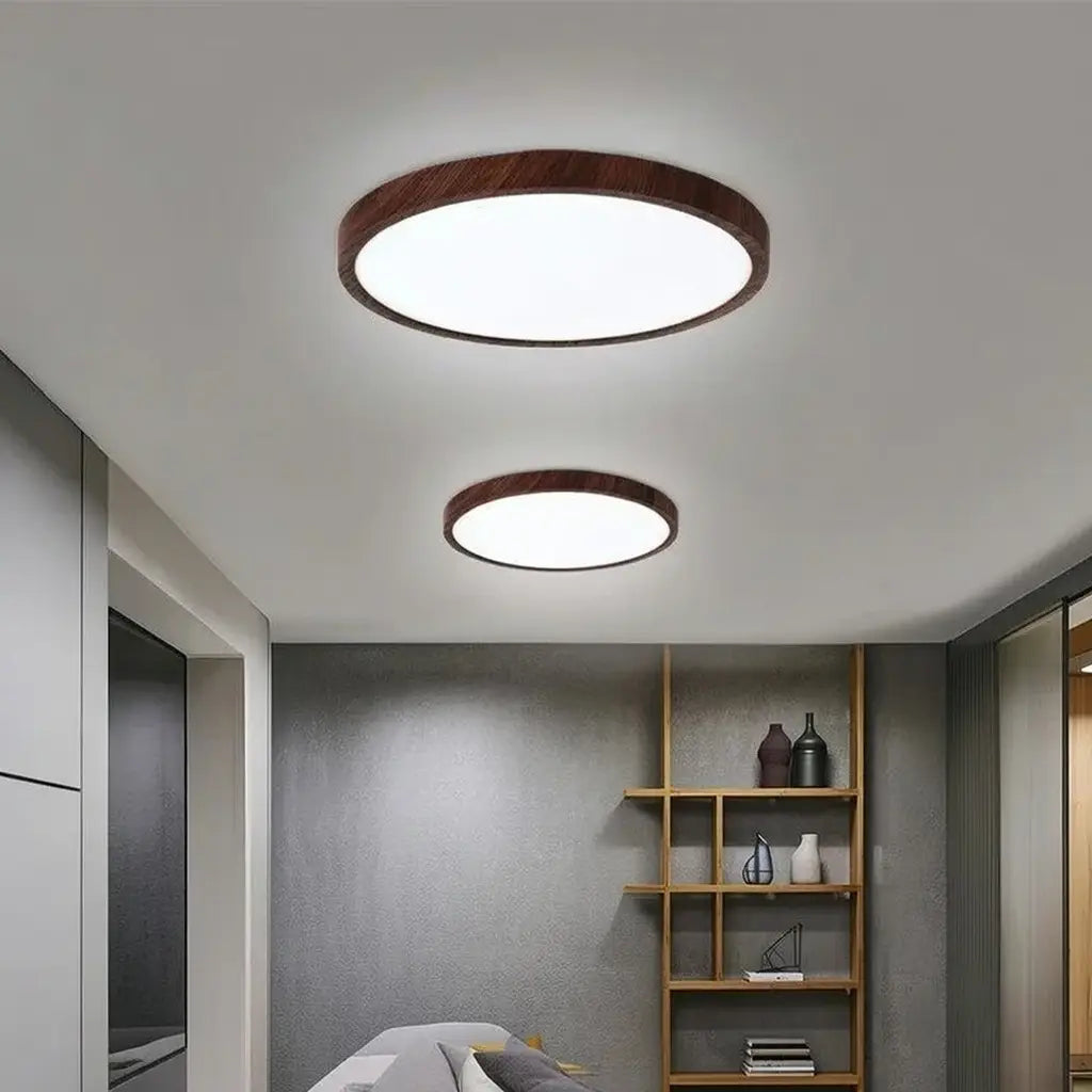 LED Oyster Light with Wood-Grain Frame Ultra-Thin Flush Mount Ceiling Light