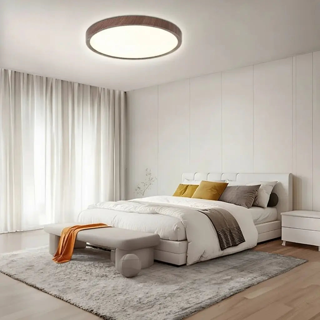 LED Oyster Light with Wood-Grain Frame Ultra-Thin Flush Mount Ceiling Light