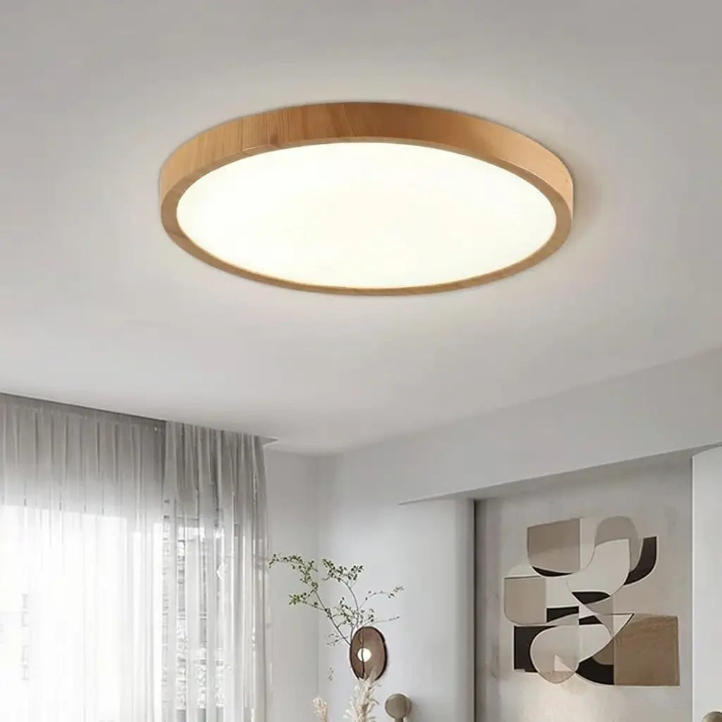 LED Oyster Light with Wood-Grain Frame Ultra-Thin Flush Mount Ceiling Light