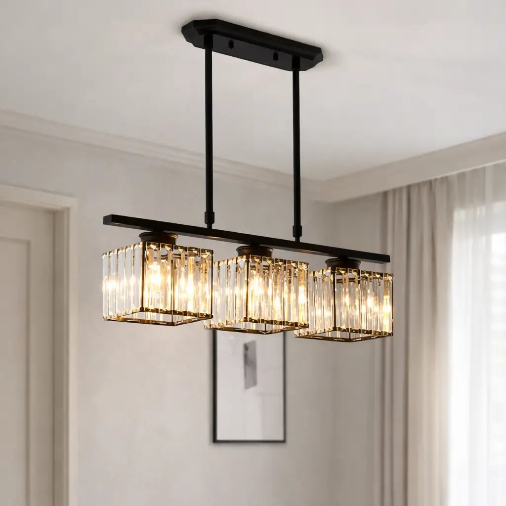 Linear Pendant Light with Faceted Glass Shades and Adjustable Height for Kitchen Island