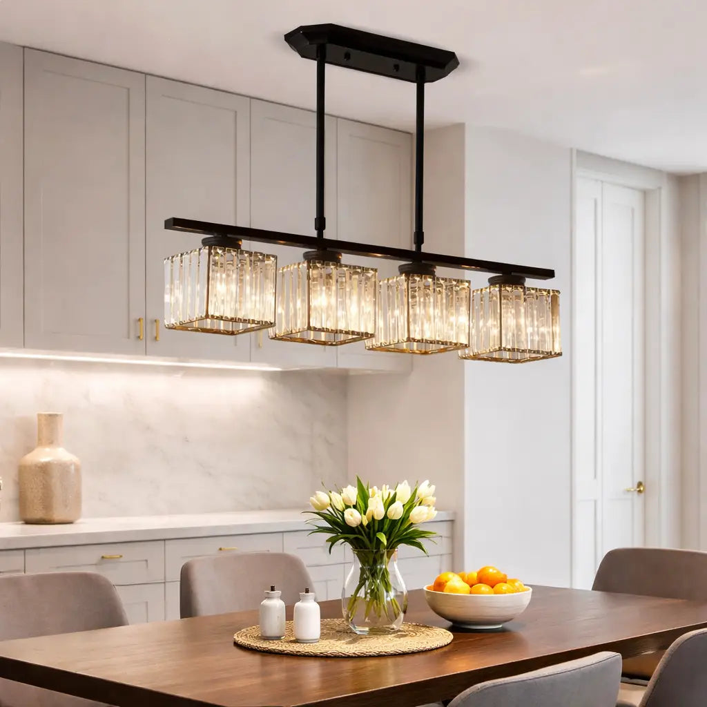 Linear Pendant Light with Faceted Glass Shades and Adjustable Height for Kitchen Island