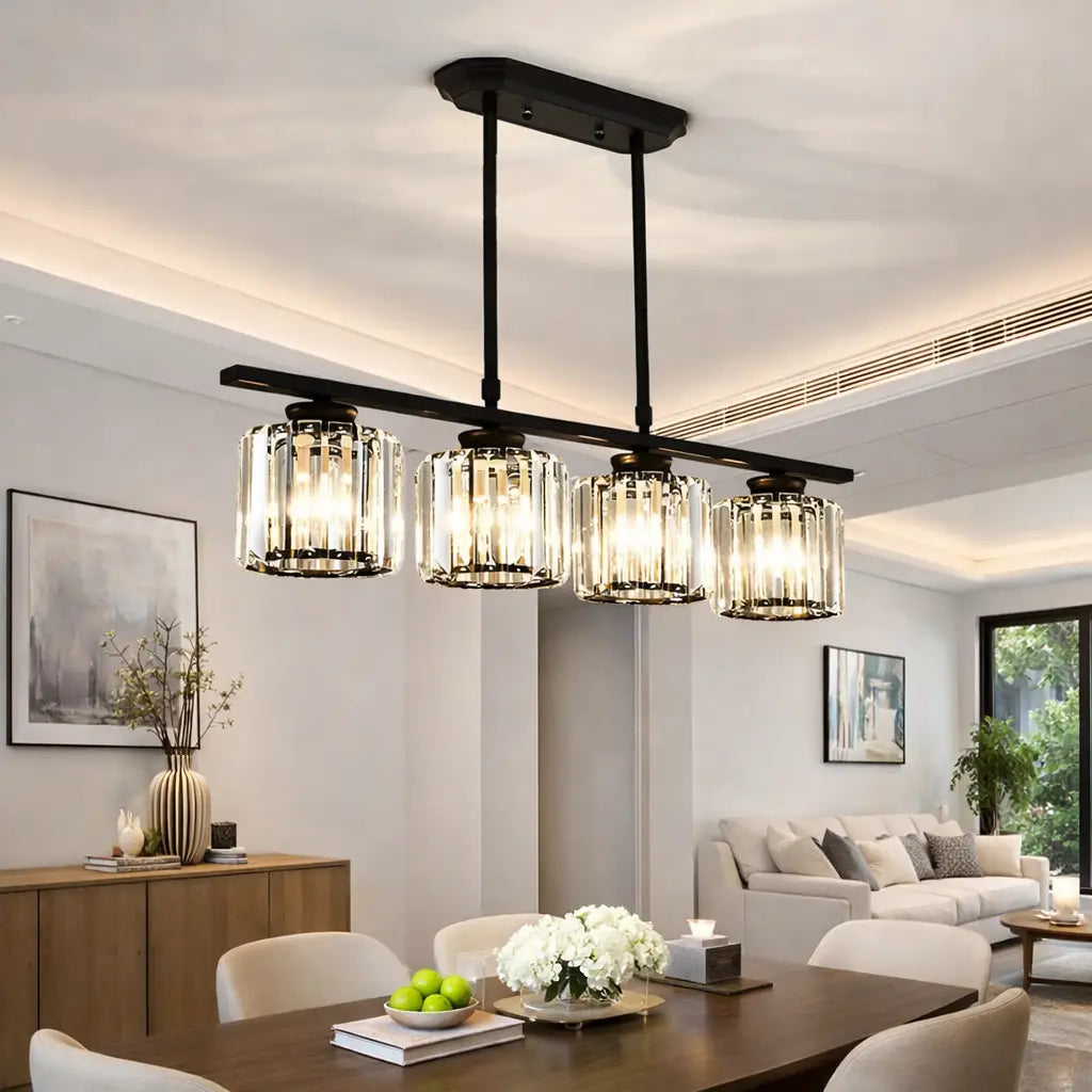 Linear Pendant Light with Faceted Glass Shades and Adjustable Height for Kitchen Island