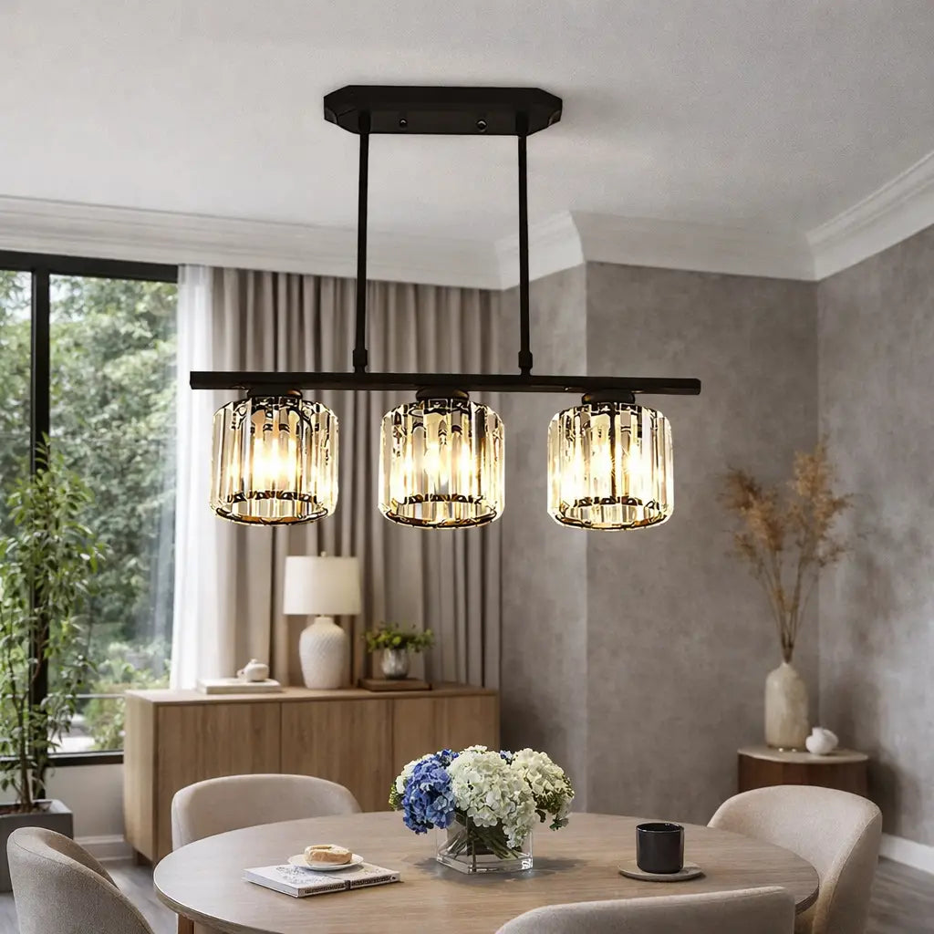 Linear Pendant Light with Faceted Glass Shades and Adjustable Height for Kitchen Island