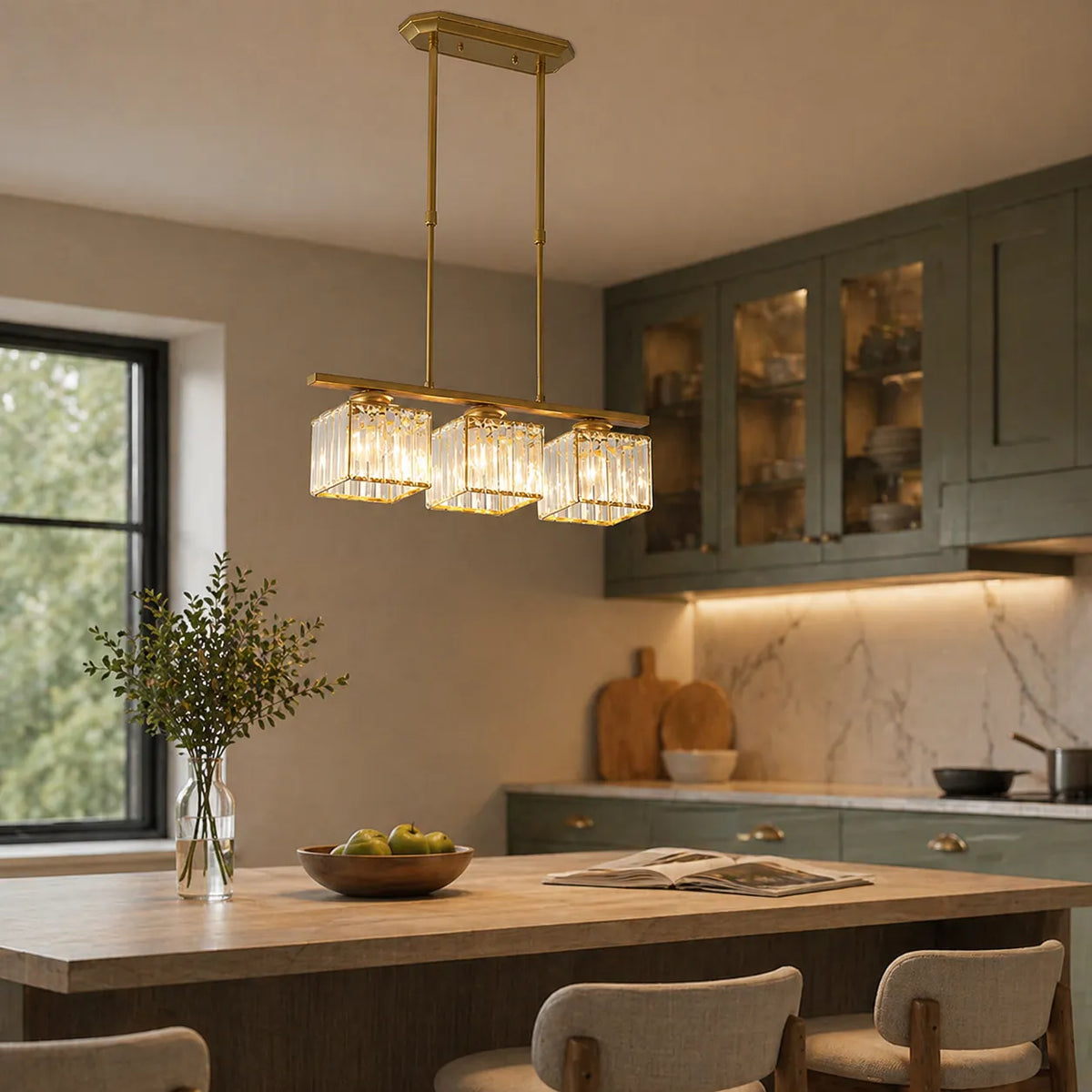 Linear Pendant Light with Faceted Glass Shades and Adjustable Height for Kitchen Island