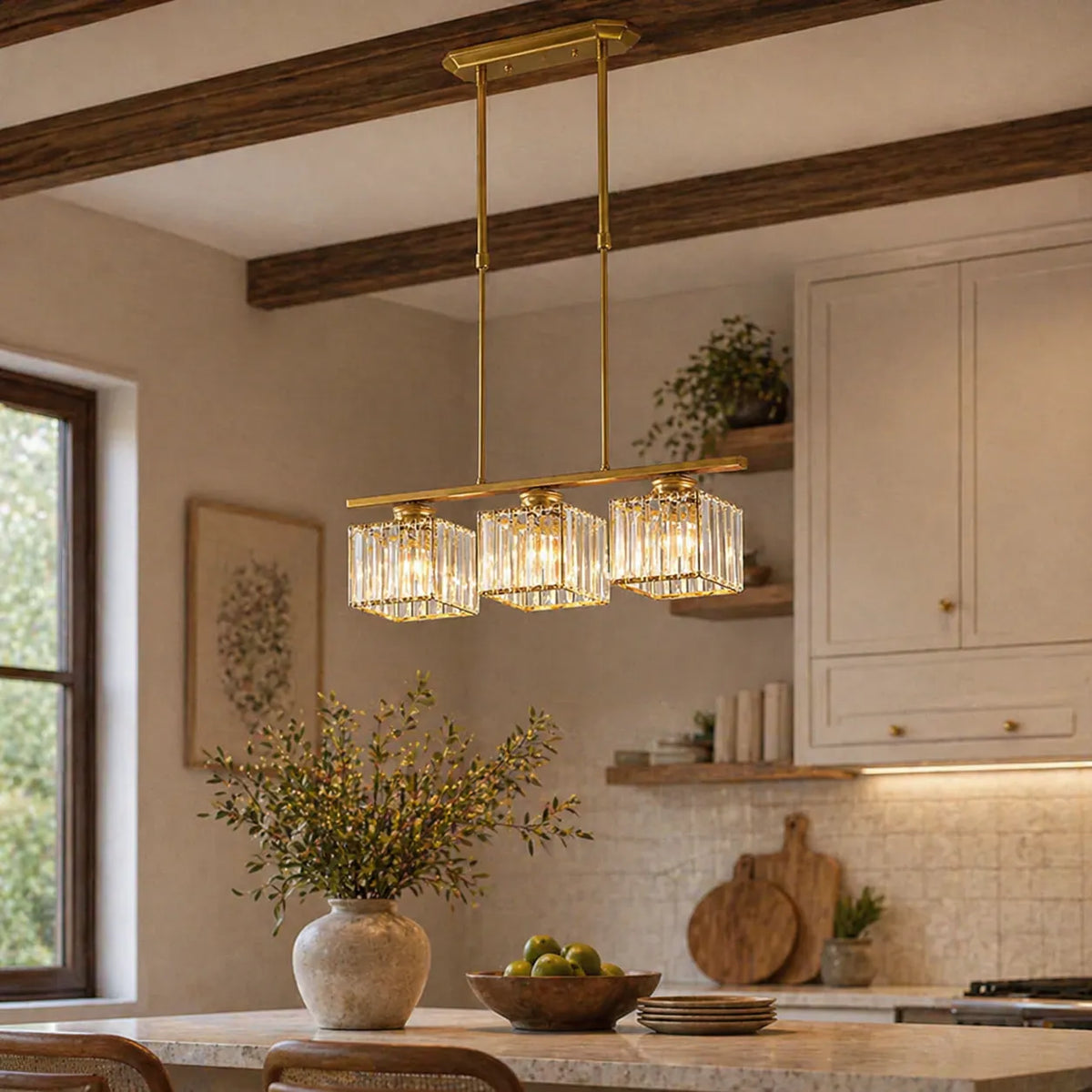 Linear Pendant Light with Faceted Glass Shades and Adjustable Height for Kitchen Island