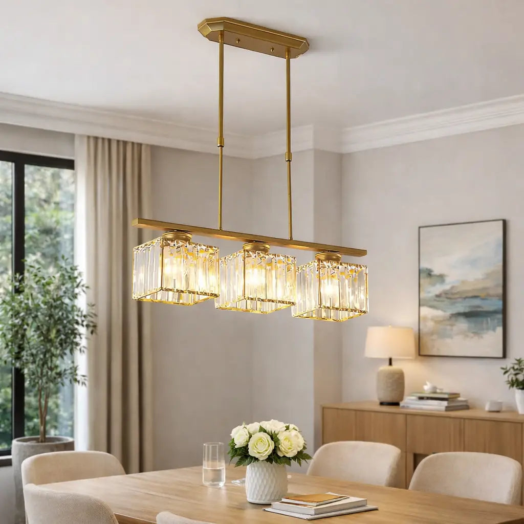 Linear Pendant Light with Faceted Glass Shades and Adjustable Height for Kitchen Island