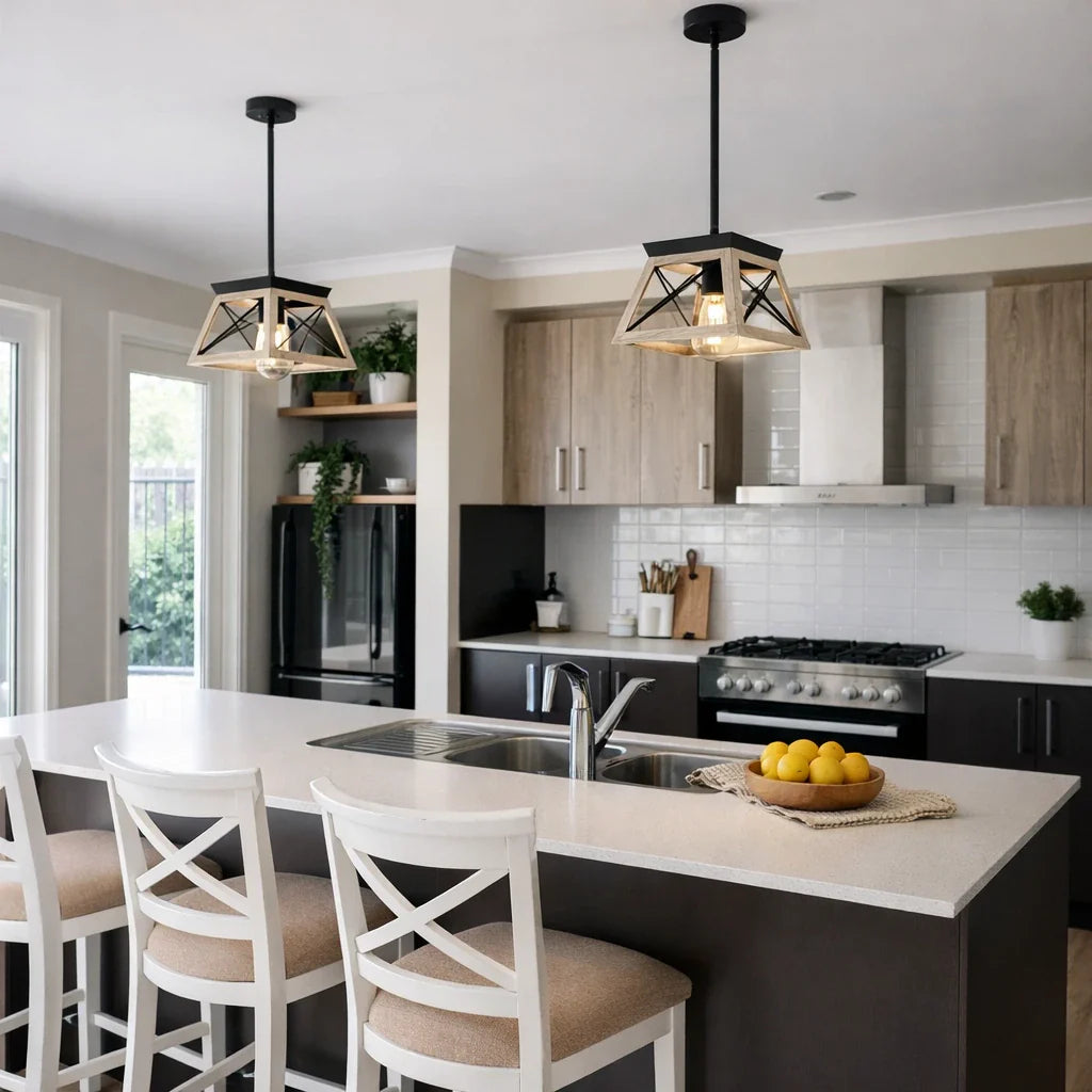Pendant Light with Rustic Metal Square Frame and Adjustable Suspension