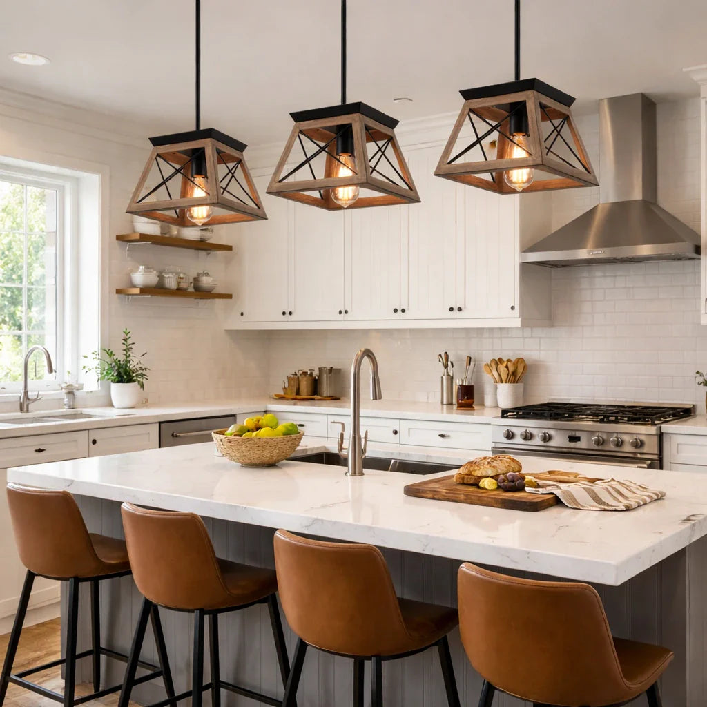 Pendant Light with Rustic Metal Square Frame and Adjustable Suspension