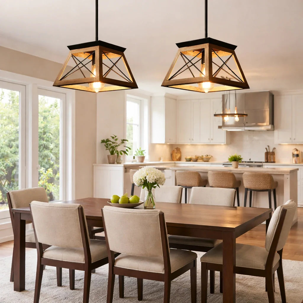 Pendant Light with Rustic Metal Square Frame and Adjustable Suspension