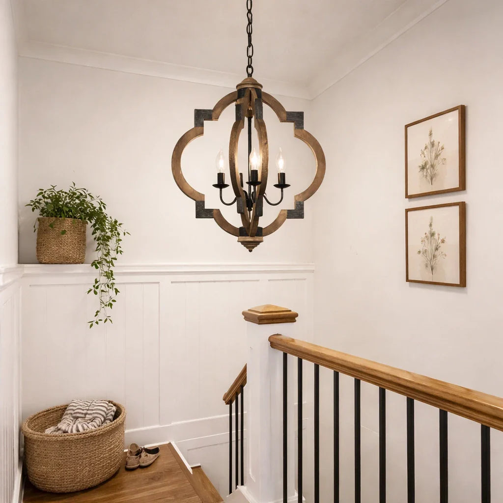 Chandelier Lighting with 4-Light Wood and Iron Lantern Frame in Black