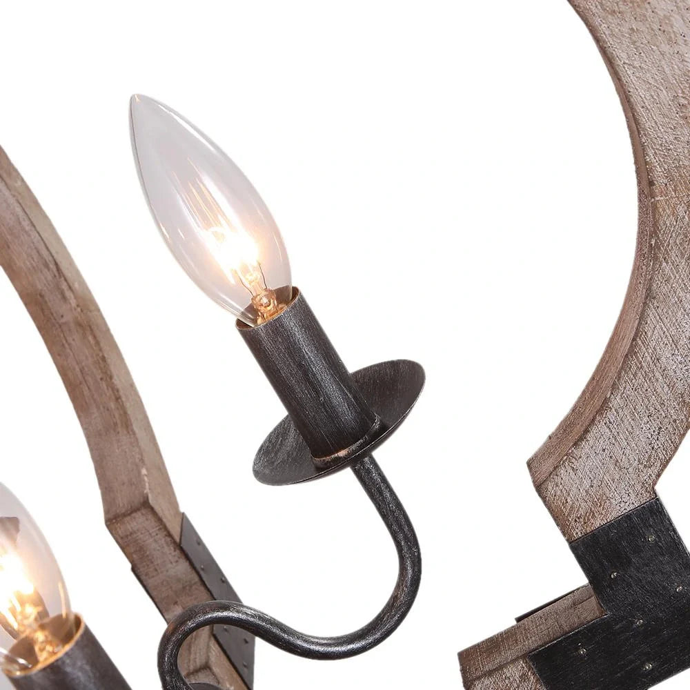 Lámpara de araña de 4 luces con estructura de farol de madera y hierro en color negro