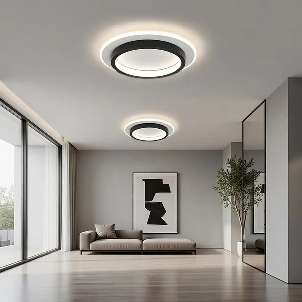 Plafoniera LED a conchiglia con anello luminoso e illuminazione a doppio strato, aderente al soffitto