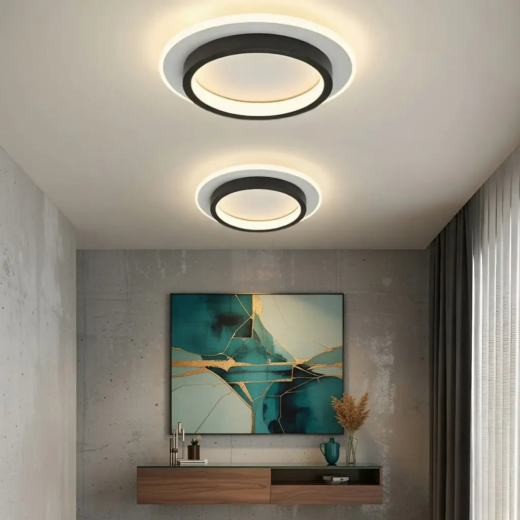 Plafoniera LED a conchiglia con anello luminoso e illuminazione a doppio strato, aderente al soffitto