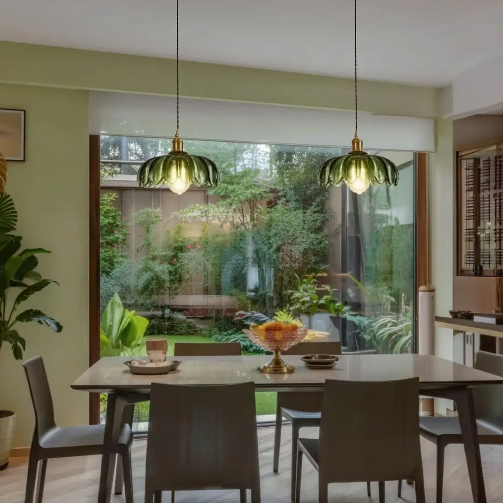 Pendant Light with Fluted Glass Shade and Brass Fixture for Dining Room Kitchen Island