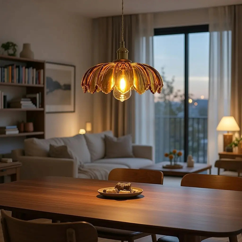 Lámpara colgante con pantalla de vidrio estriado y herrajes de latón para el comedor y la isla de cocina