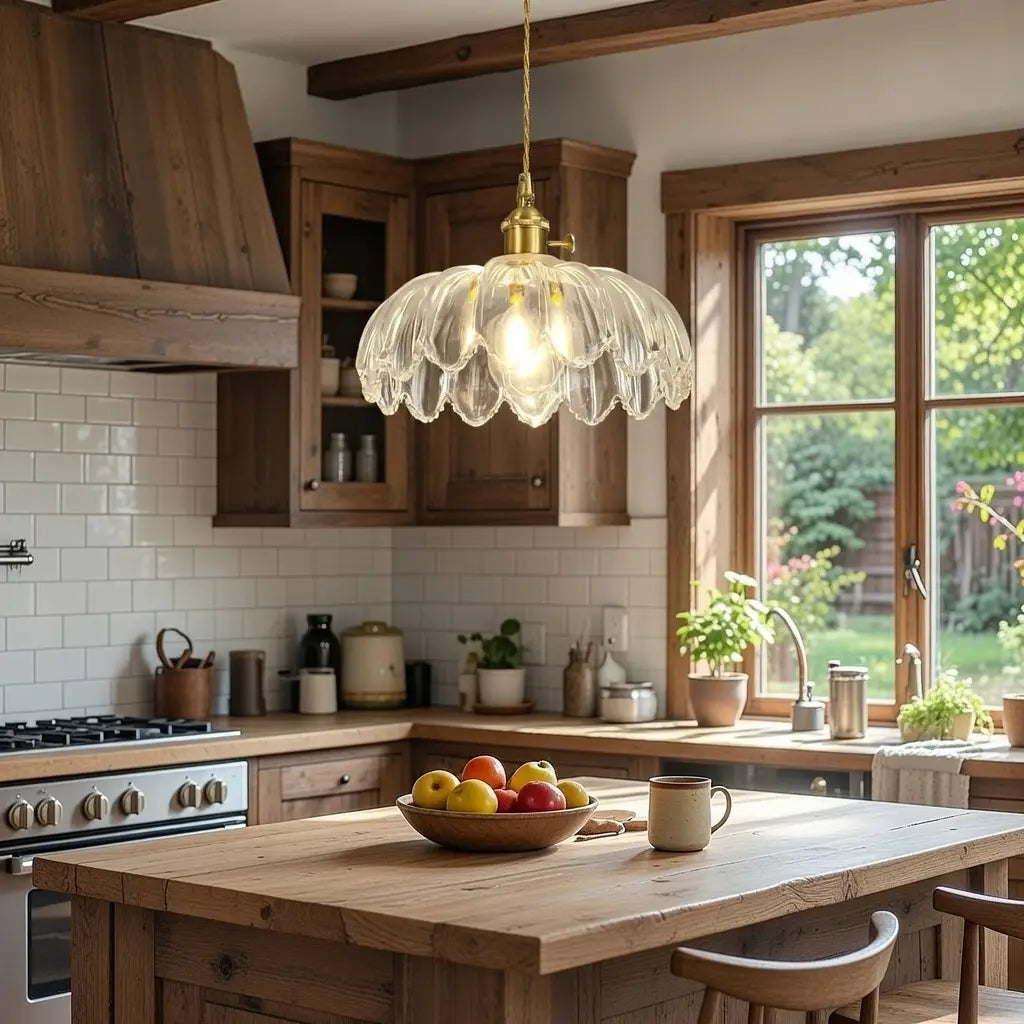 Lámpara colgante con pantalla de vidrio estriado y herrajes de latón para el comedor y la isla de cocina