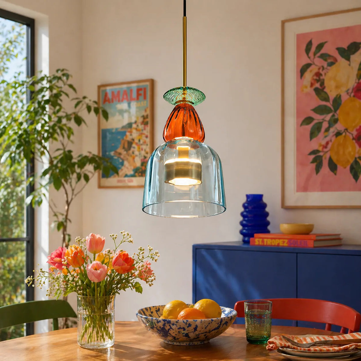 Pendant Light with Stacked Glass and LED for Kitchen Dining Room Lighting