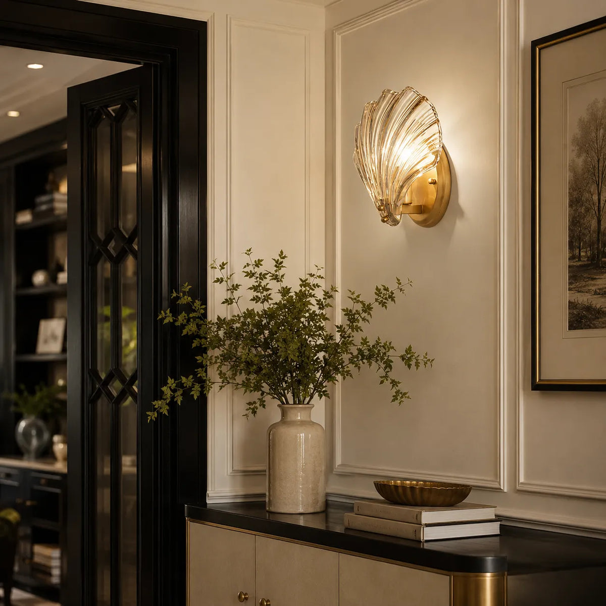 Lounge Wall Lights with Seashell Glass and Brass Accent Modern Sconce