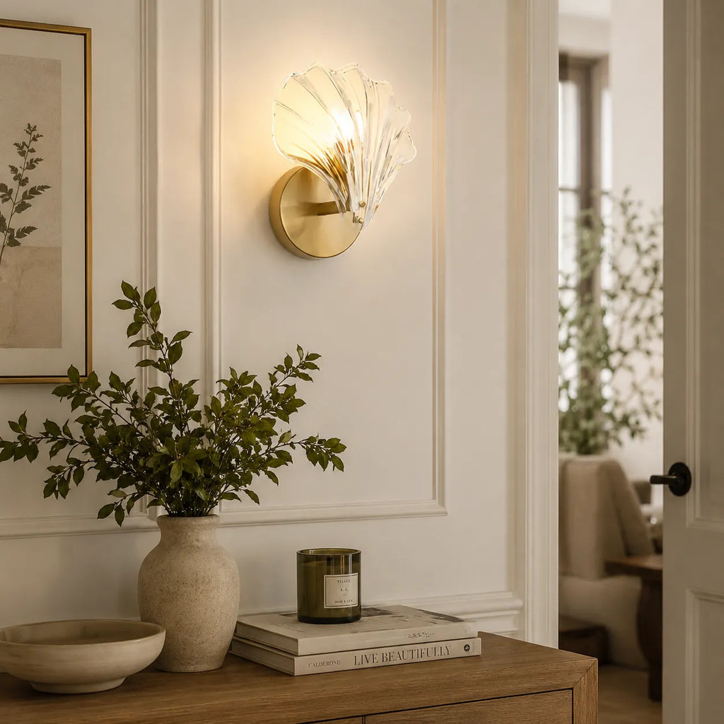Lounge Wall Lights with Seashell Glass and Brass Accent Modern Sconce