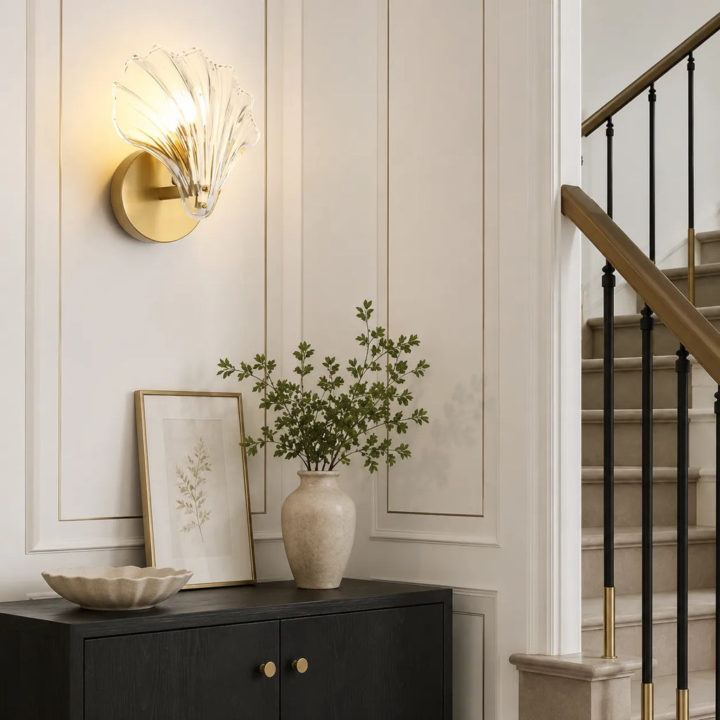 Lounge Wall Lights with Seashell Glass and Brass Accent Modern Sconce