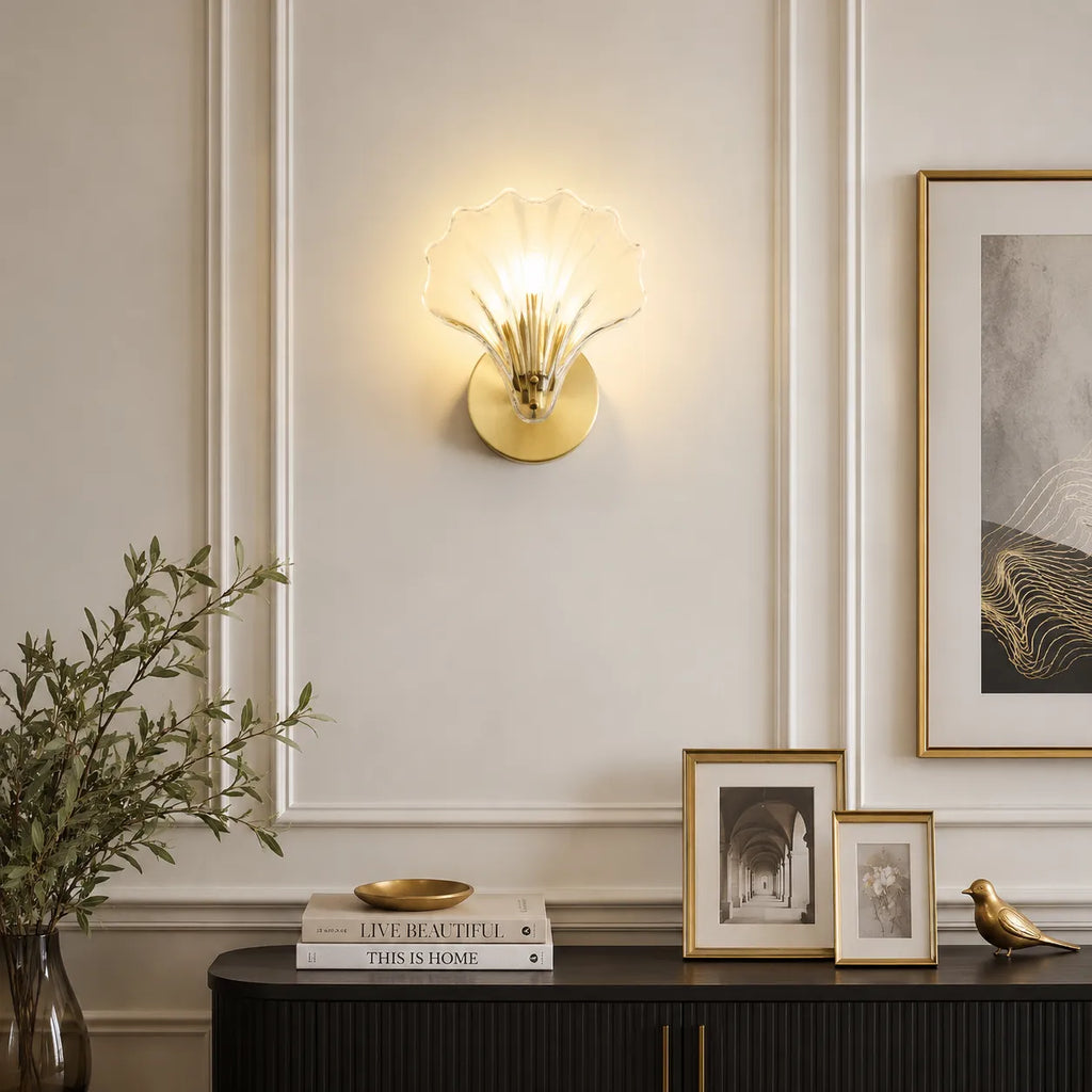 Lounge Wall Lights with Seashell Glass and Brass Accent Modern Sconce