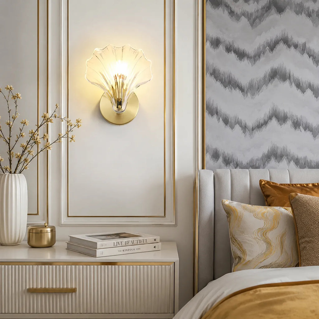 Lounge Wall Lights with Seashell Glass and Brass Accent Modern Sconce
