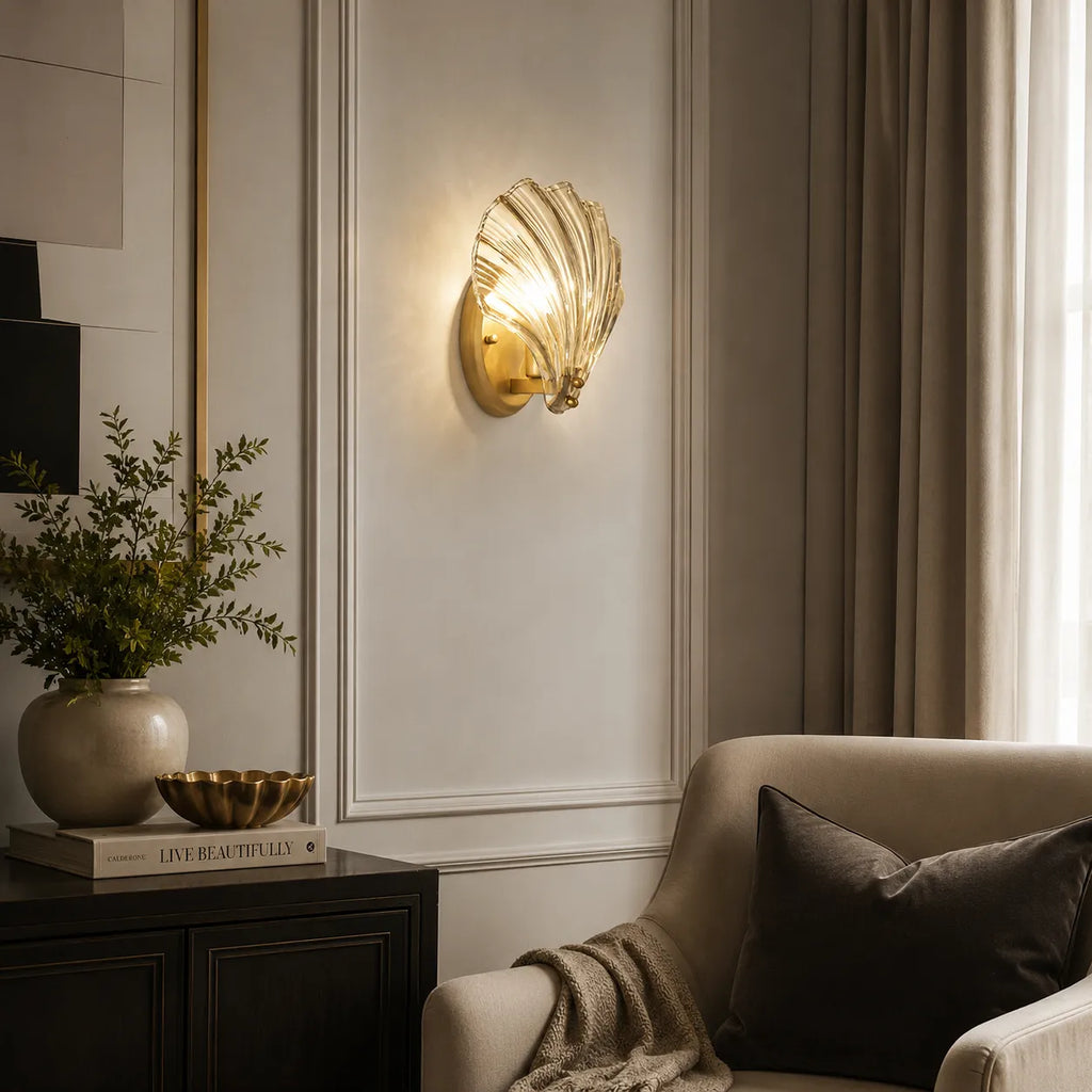 Lounge Wall Lights with Seashell Glass and Brass Accent Modern Sconce