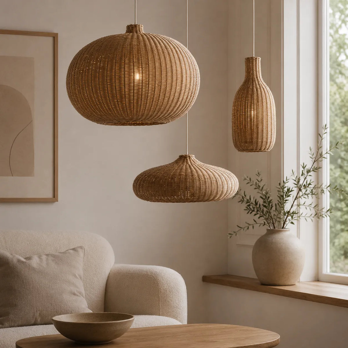 Handgeflochtene Rattan-Pendelleuchte mit verstellbarer Aufhängung für Esszimmer und Wohnbereich