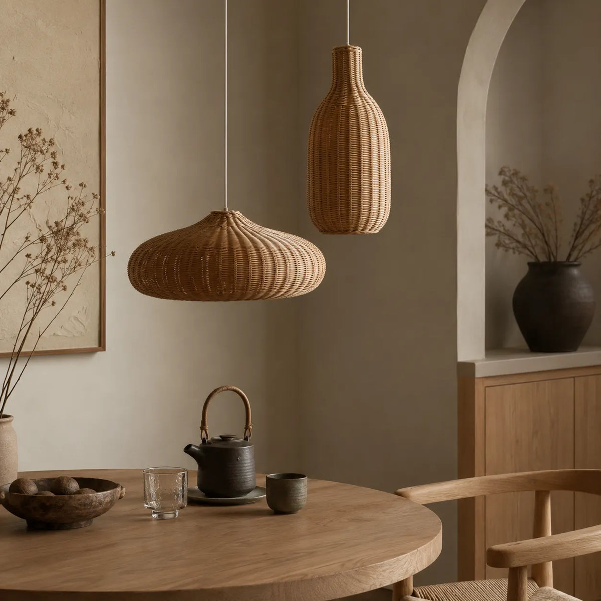 Handgeflochtene Rattan-Pendelleuchte mit verstellbarer Aufhängung für Esszimmer und Wohnbereich