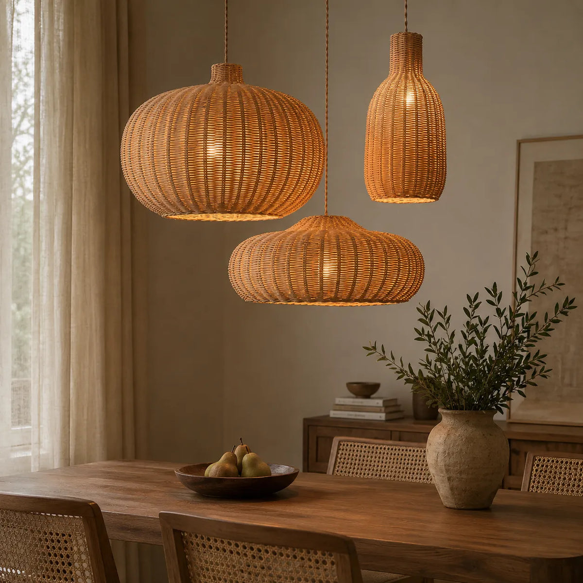 Handgeflochtene Rattan-Pendelleuchte mit verstellbarer Aufhängung für Esszimmer und Wohnbereich