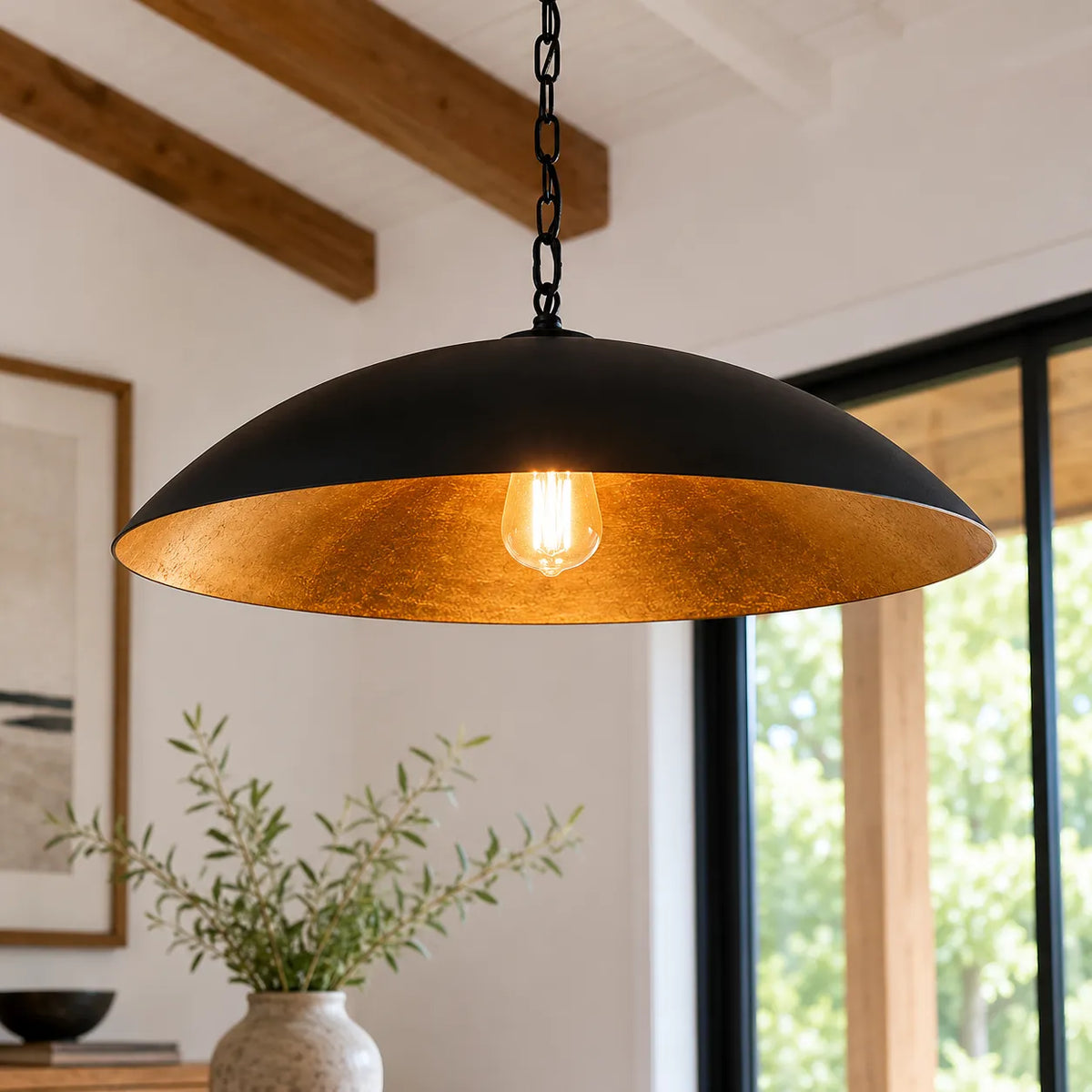 Pendant Light with Oversized Dome Shade and Gold-Lined Interior