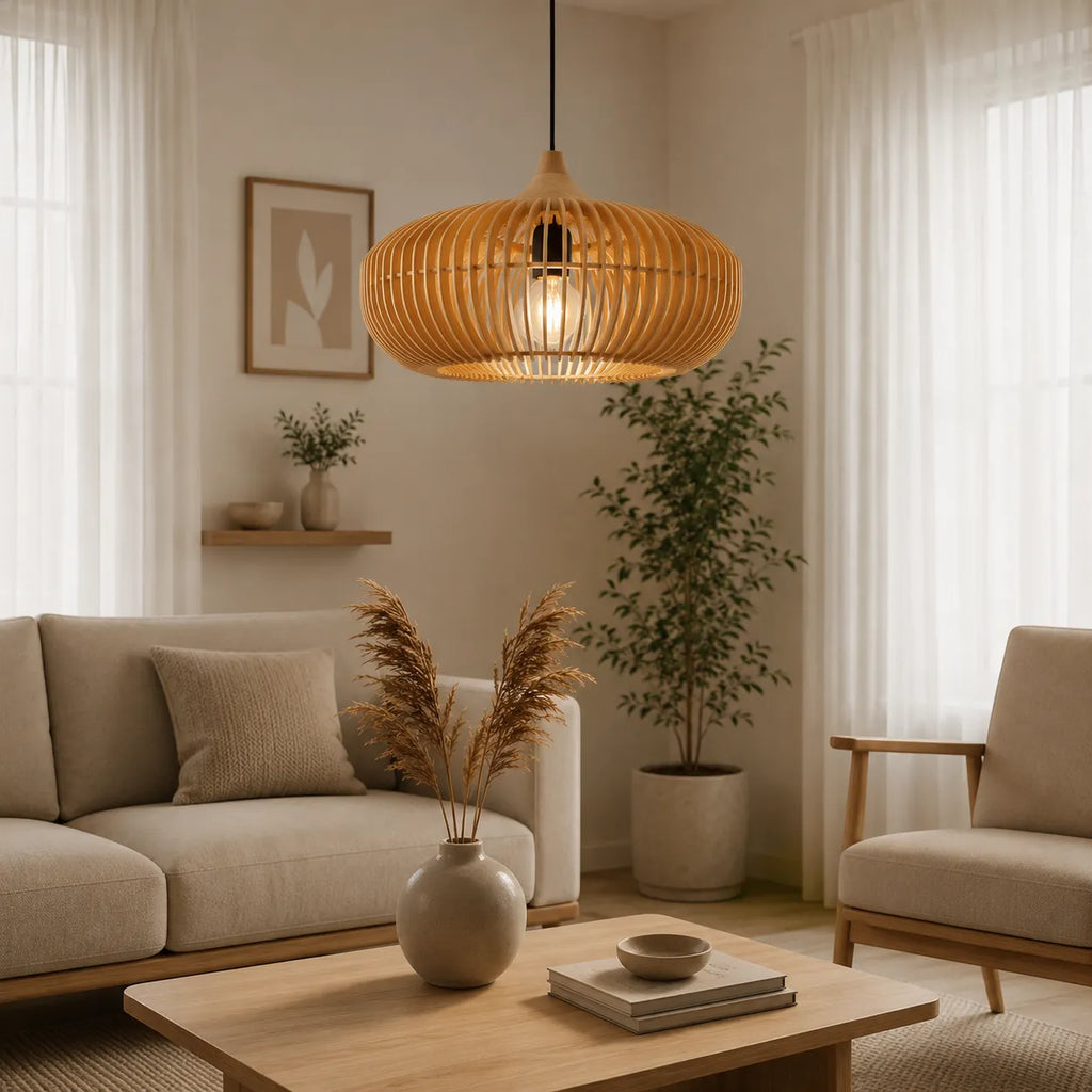 Lámparas colgantes de cocina con silueta de halo de madera natural, modernas y suspendidas del techo