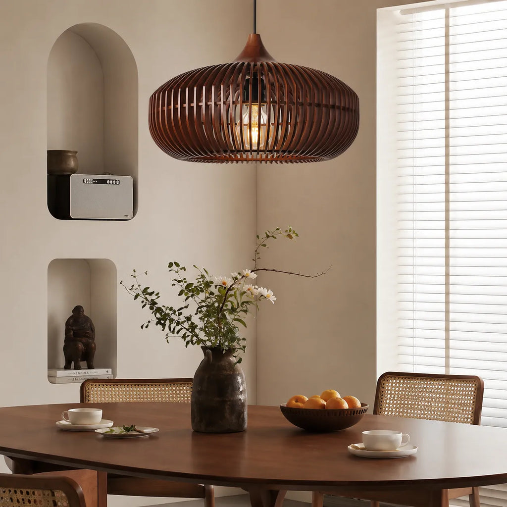 Lámparas colgantes de cocina con silueta de halo de madera natural, modernas y suspendidas del techo