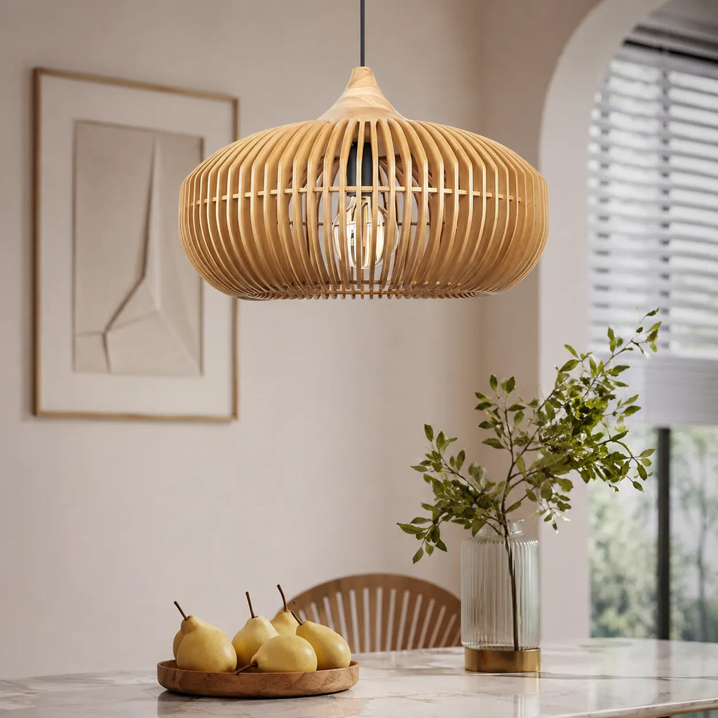 Lámparas colgantes de cocina con silueta de halo de madera natural, modernas y suspendidas del techo