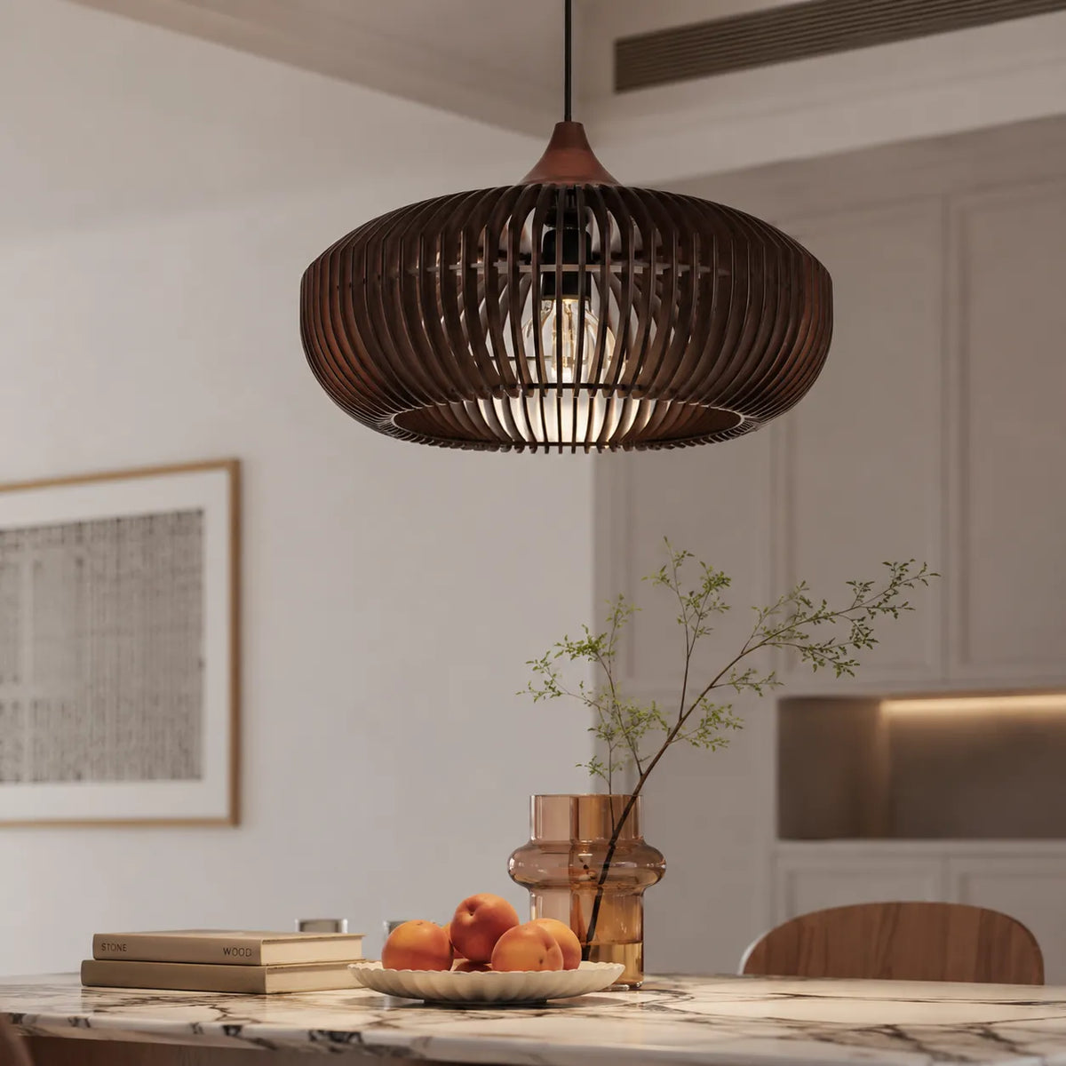 Lámparas colgantes de cocina con silueta de halo de madera natural, modernas y suspendidas del techo