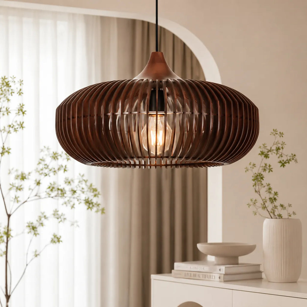 Lámparas colgantes de cocina con silueta de halo de madera natural, modernas y suspendidas del techo
