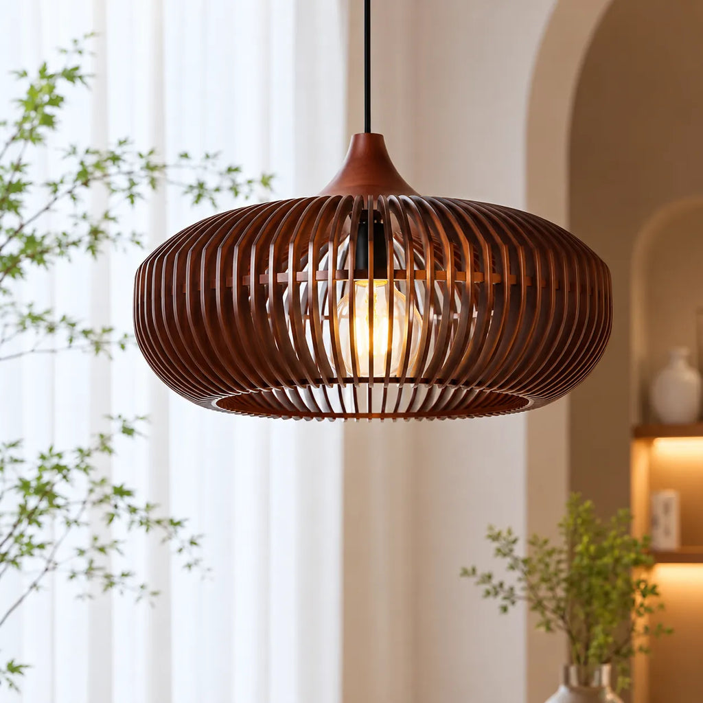 Lámparas colgantes de cocina con silueta de halo de madera natural, modernas y suspendidas del techo