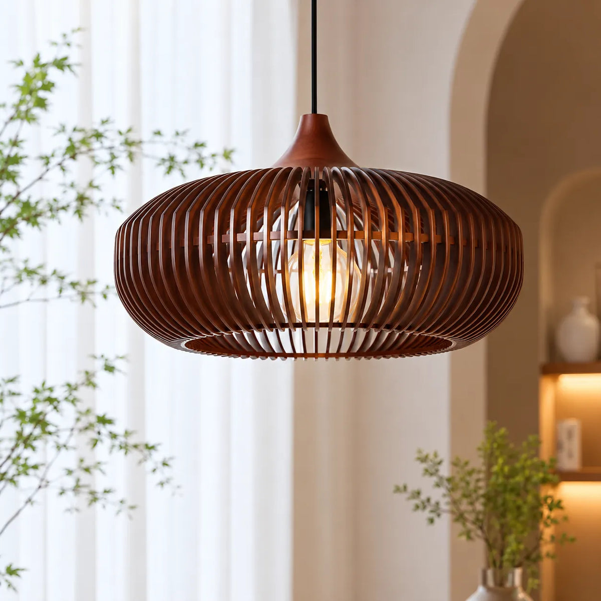 Lámparas colgantes de cocina con silueta de halo de madera natural, modernas y suspendidas del techo