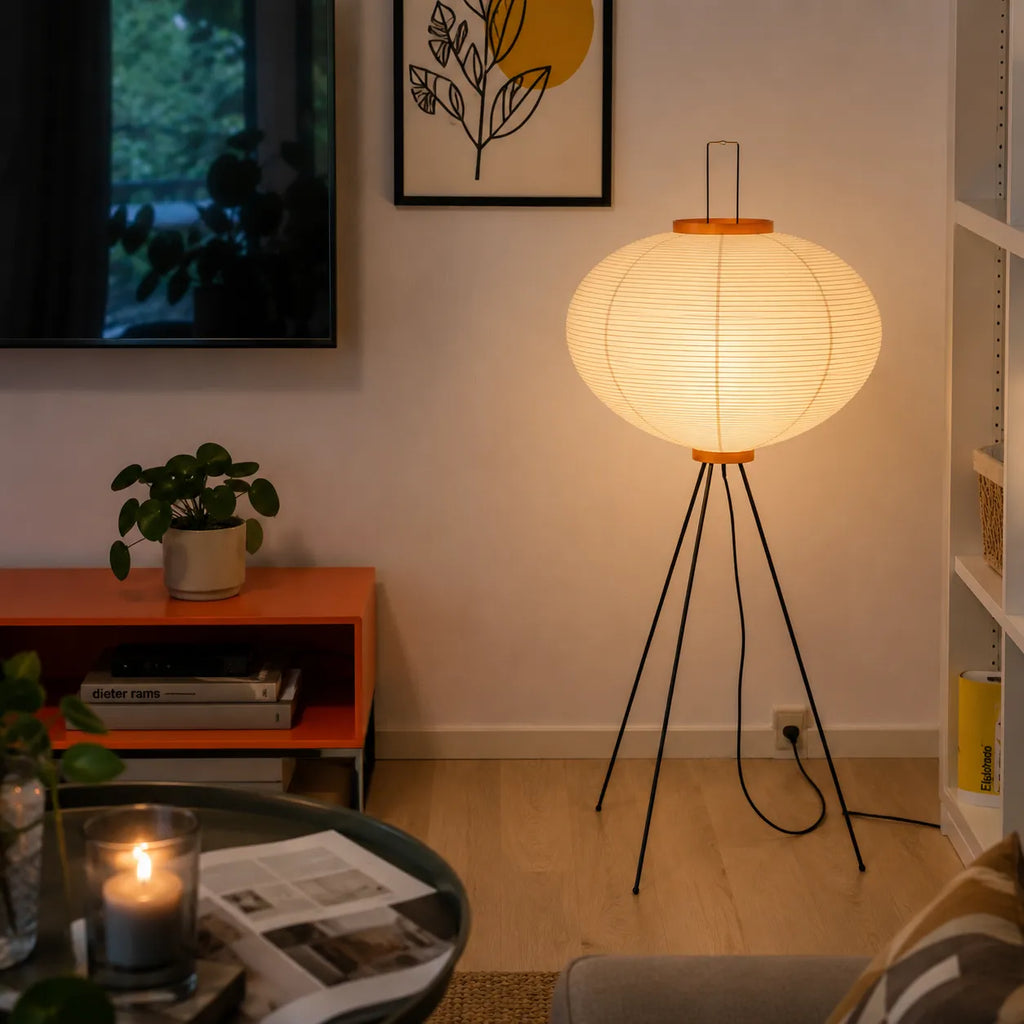 Floor Lamp with Japanese Mulberry Paper Shade and Sculptural Metal Frame