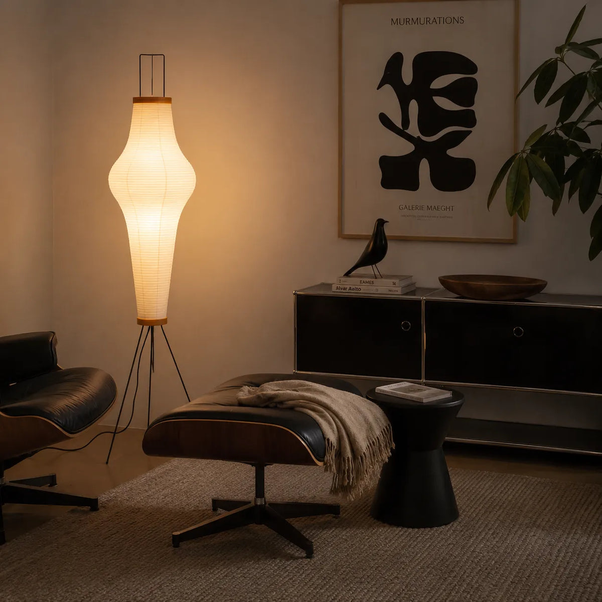 Floor Lamp with Japanese Mulberry Paper Shade and Sculptural Metal Frame