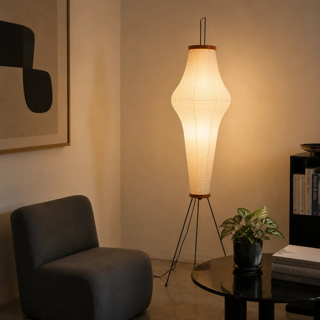 Floor Lamp with Japanese Mulberry Paper Shade and Sculptural Metal Frame