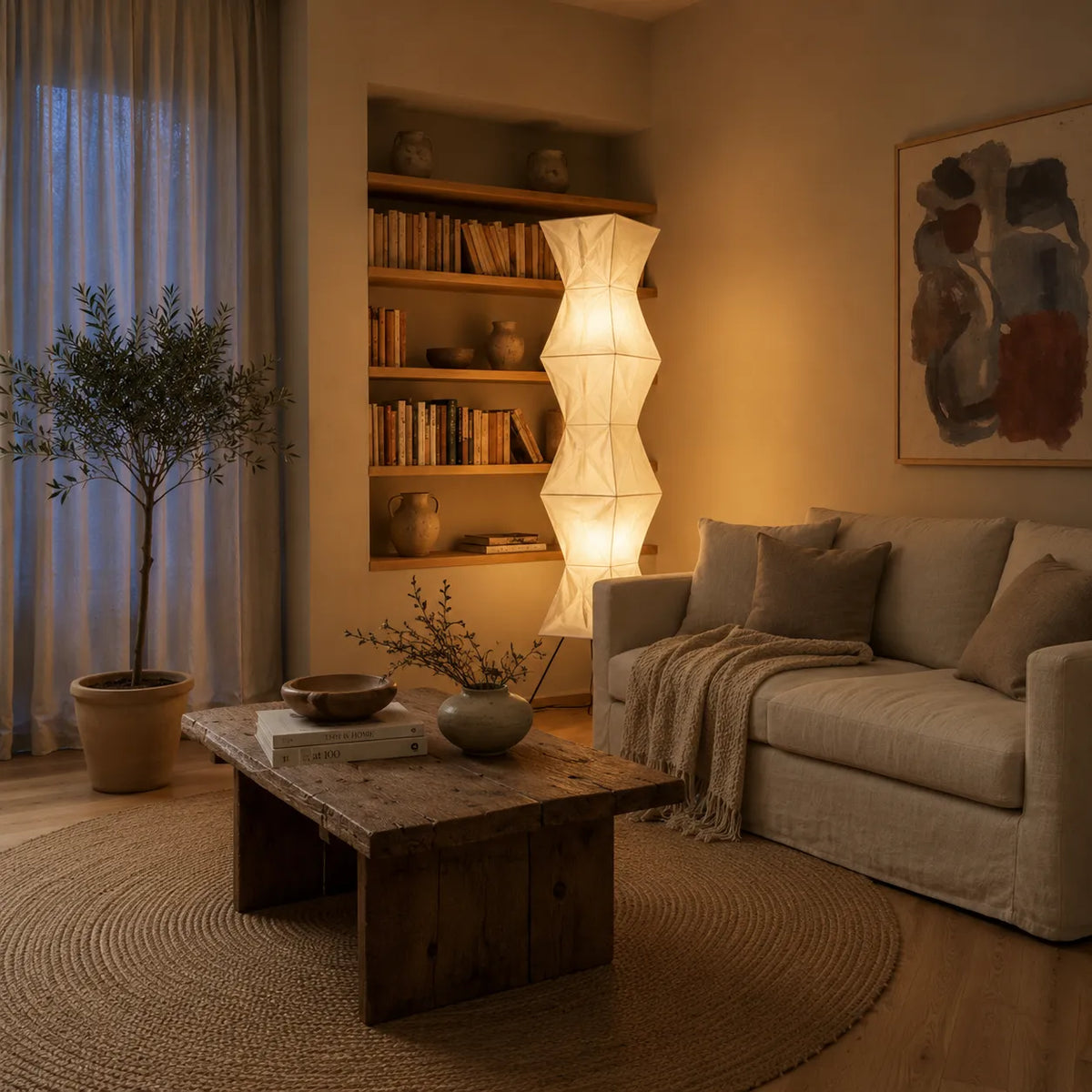Floor Lamp with Japanese Mulberry Paper Shade and Sculptural Metal Frame