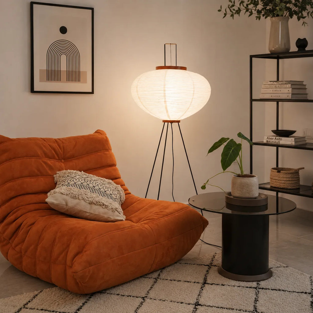 Floor Lamp with Japanese Mulberry Paper Shade and Sculptural Metal Frame