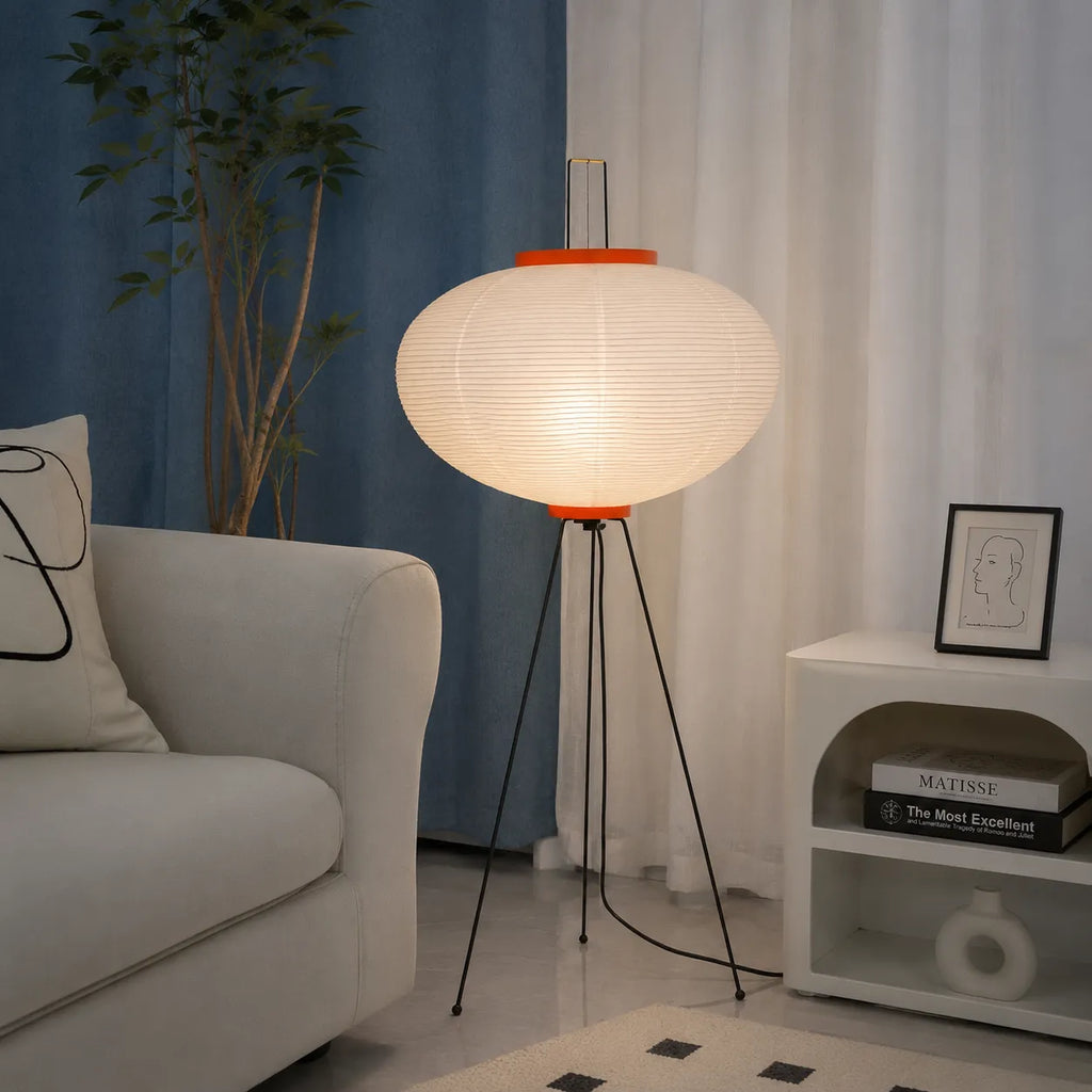 Floor Lamp with Japanese Mulberry Paper Shade and Sculptural Metal Frame