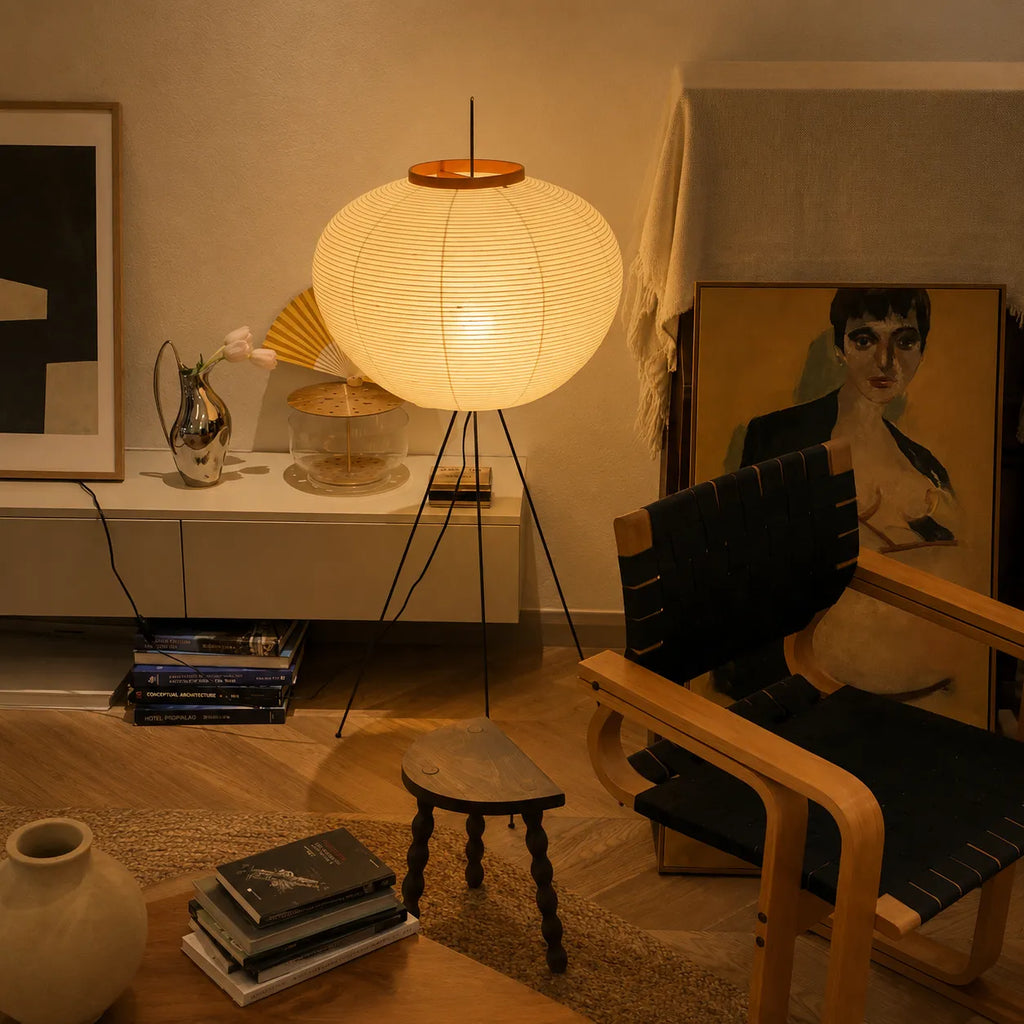 Floor Lamp with Japanese Mulberry Paper Shade and Sculptural Metal Frame
