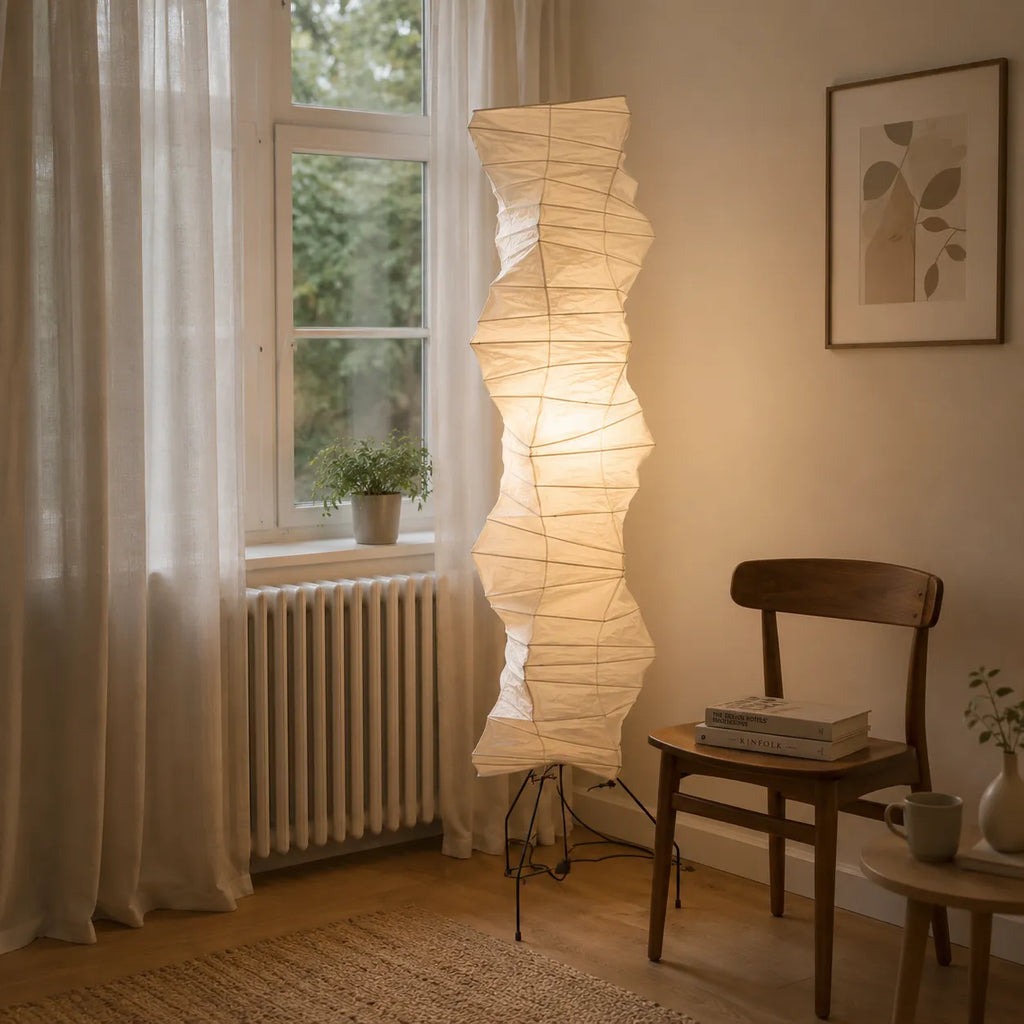 Floor Lamp with Japanese Mulberry Paper Shade and Sculptural Metal Frame