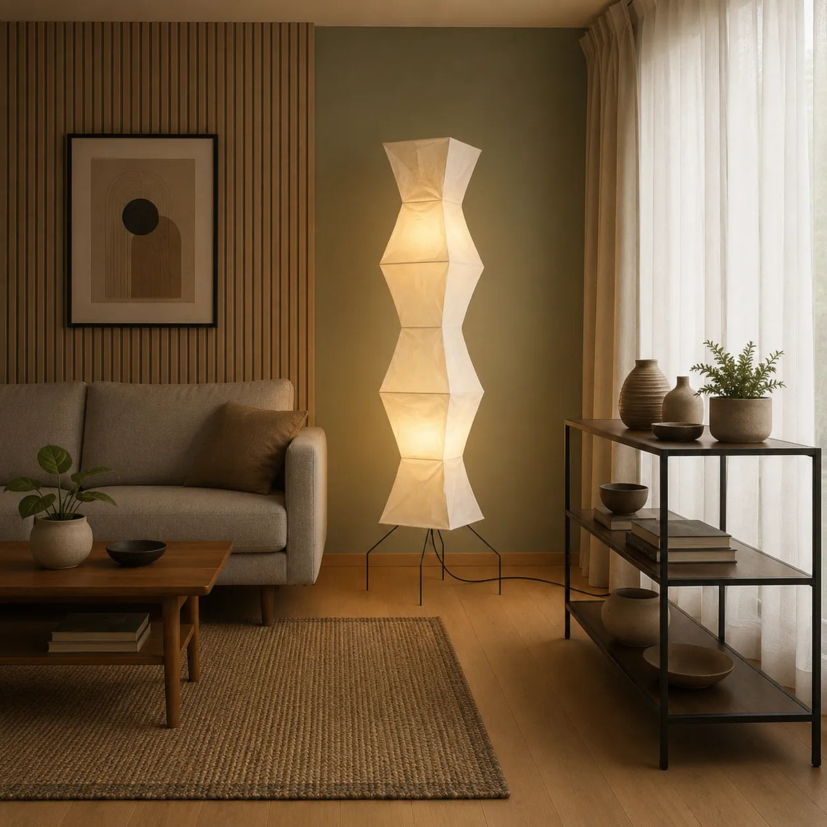 Floor Lamp with Japanese Mulberry Paper Shade and Sculptural Metal Frame